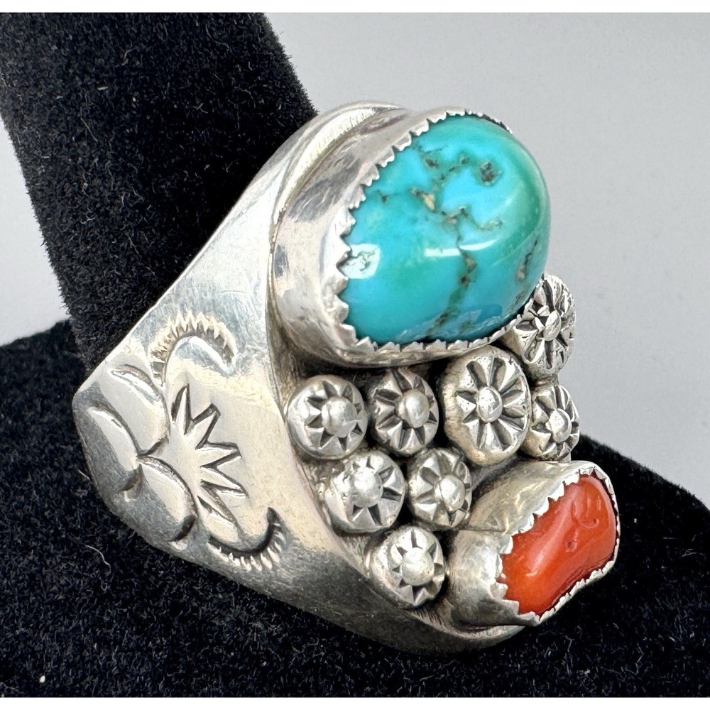 Old Pawn Era Sterling Silver Turquoise Coral Ring Size 11 Heavy 20.15g